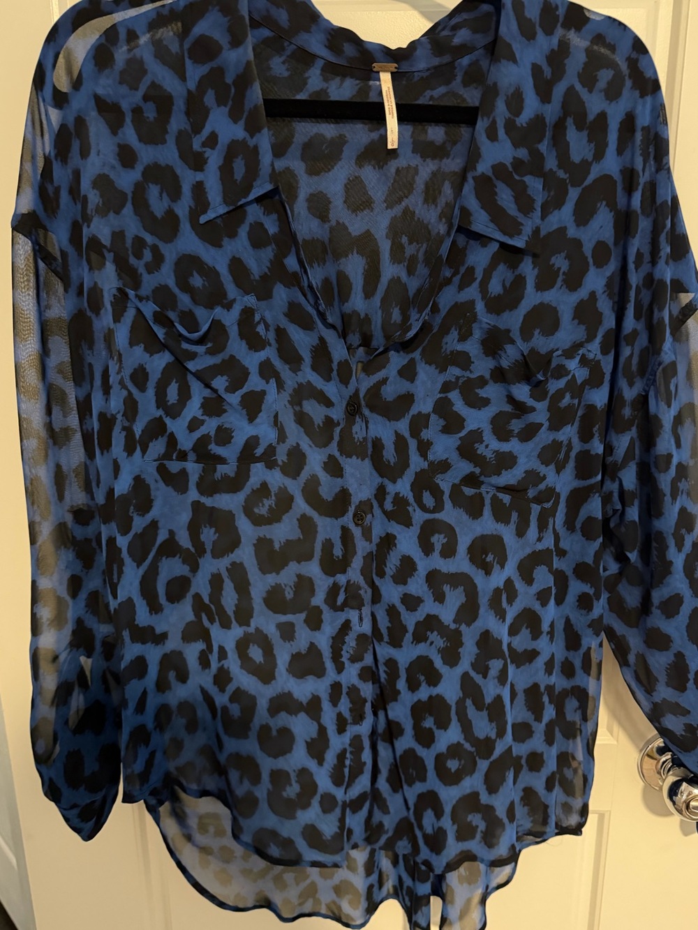 Free People Blue and Black Leopard Print Sheer Button-Down Blouse